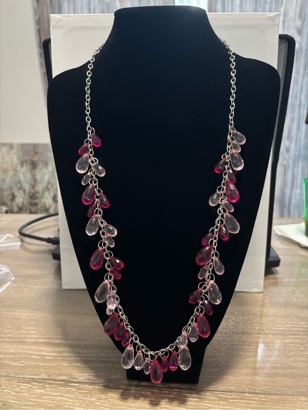 Silver Chain Necklace with Light Pink and Deep Pink Teardrop Beads